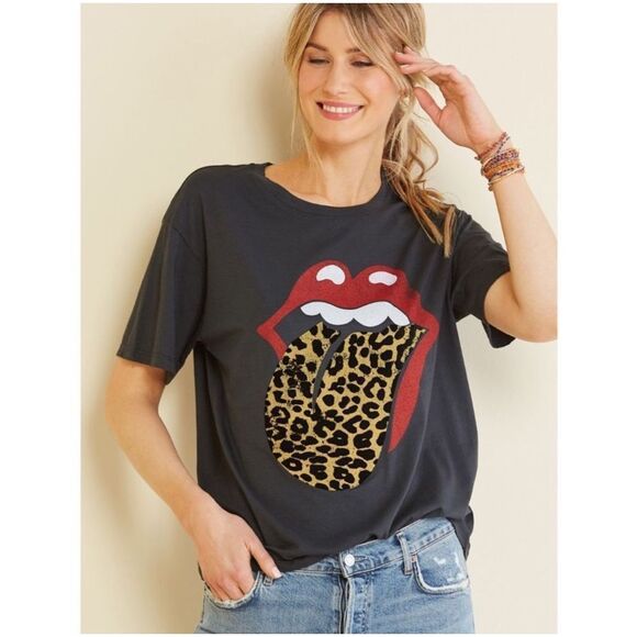 Daydreamer For Free People Rolling Stones Flocked Leopard Tongue Tee Size M - Picture 1 of 10